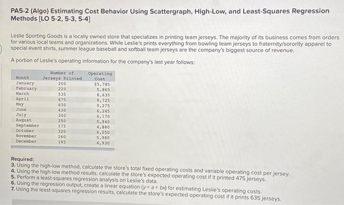  PA5-2 (Algo) Estimating Cost Behavior Using Scattergraph, High-Low, and Least-Squares Regression