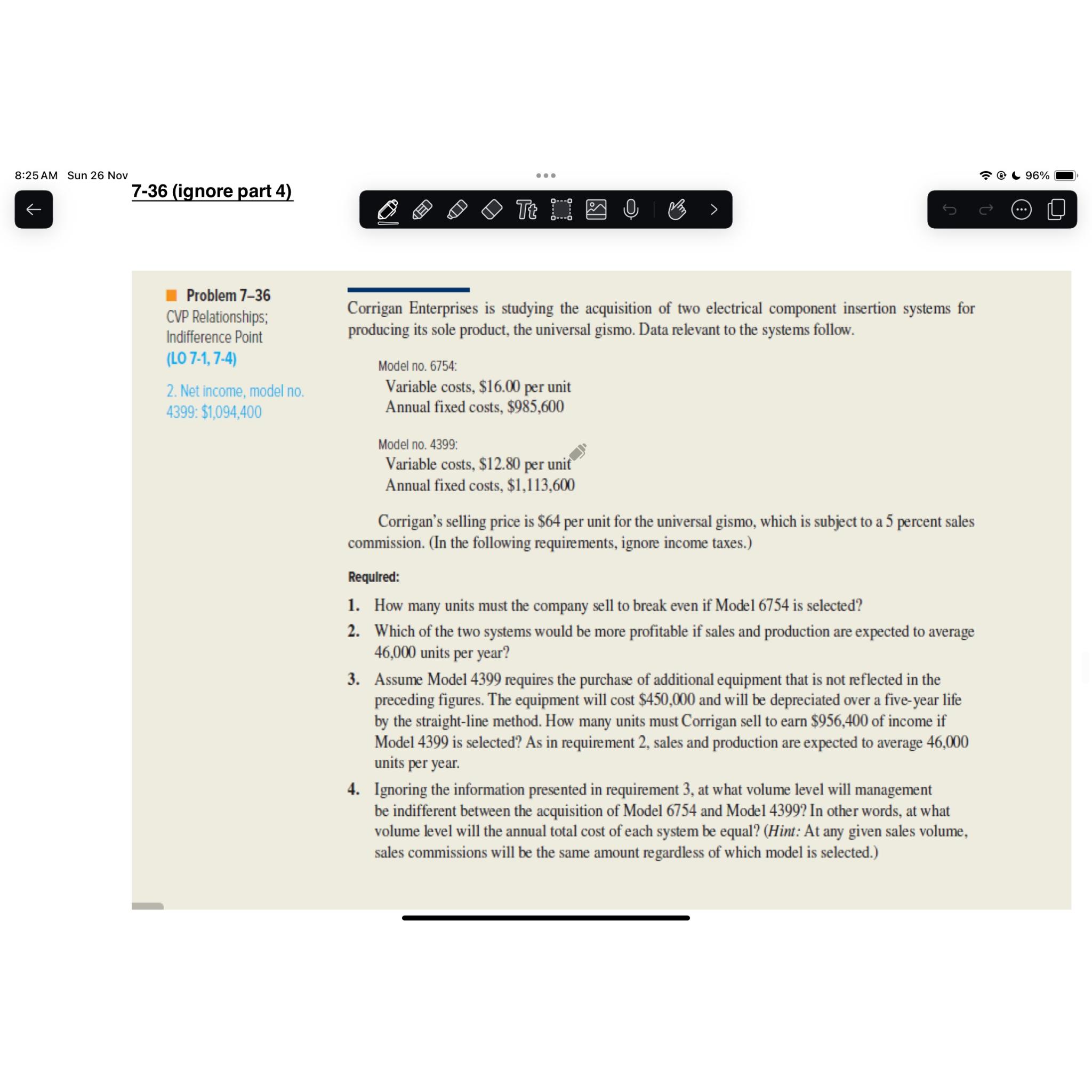  8:25 AM Sun 26 Nov 7-36(ignore part 4) Problem 7-36 CVP