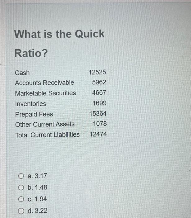 What is the Quick Ratio? Cash Accounts Receivable Marketable Securities Inventories Prepaid