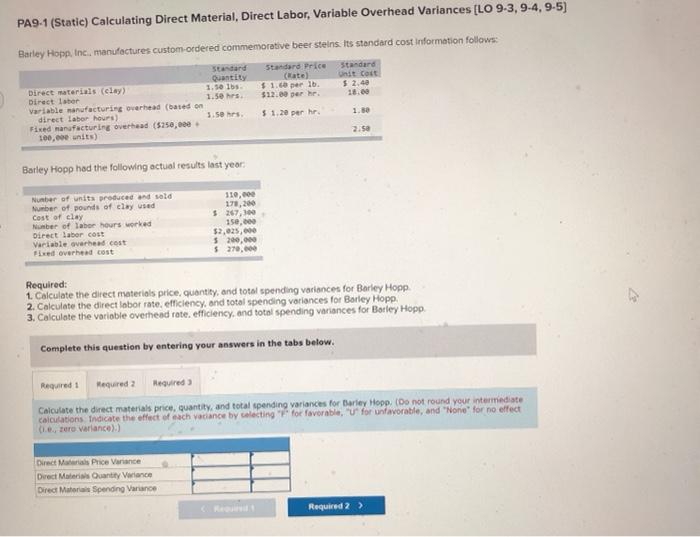  PA9-1 (Static) Calculating Direct Material, Direct Labor, Variable Overhead Variances [LO