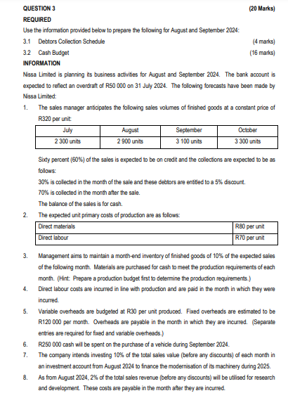  QUESTION 3 (20 Marks) REQUIRED Use the information provided below to