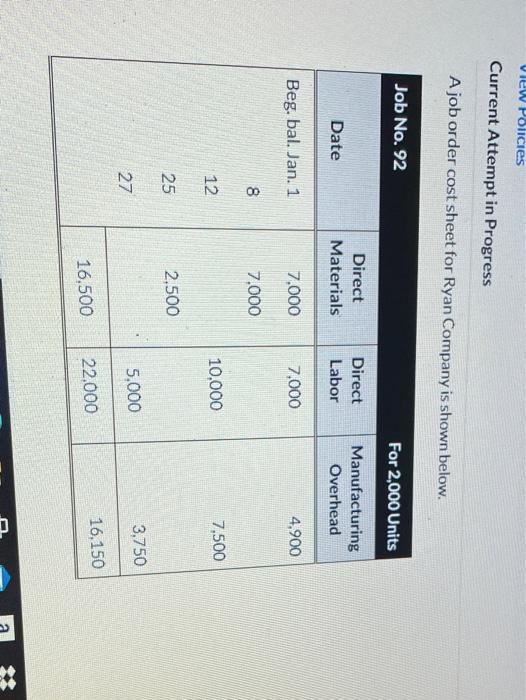  View Policies Current Attempt in Progress A job order cost sheet
