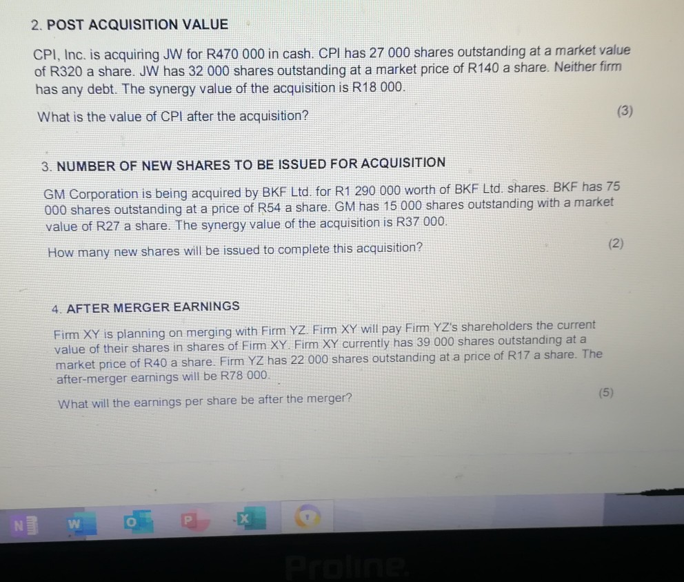  Please help me answer this question 2. POST ACQUISITION VALUE CPI,