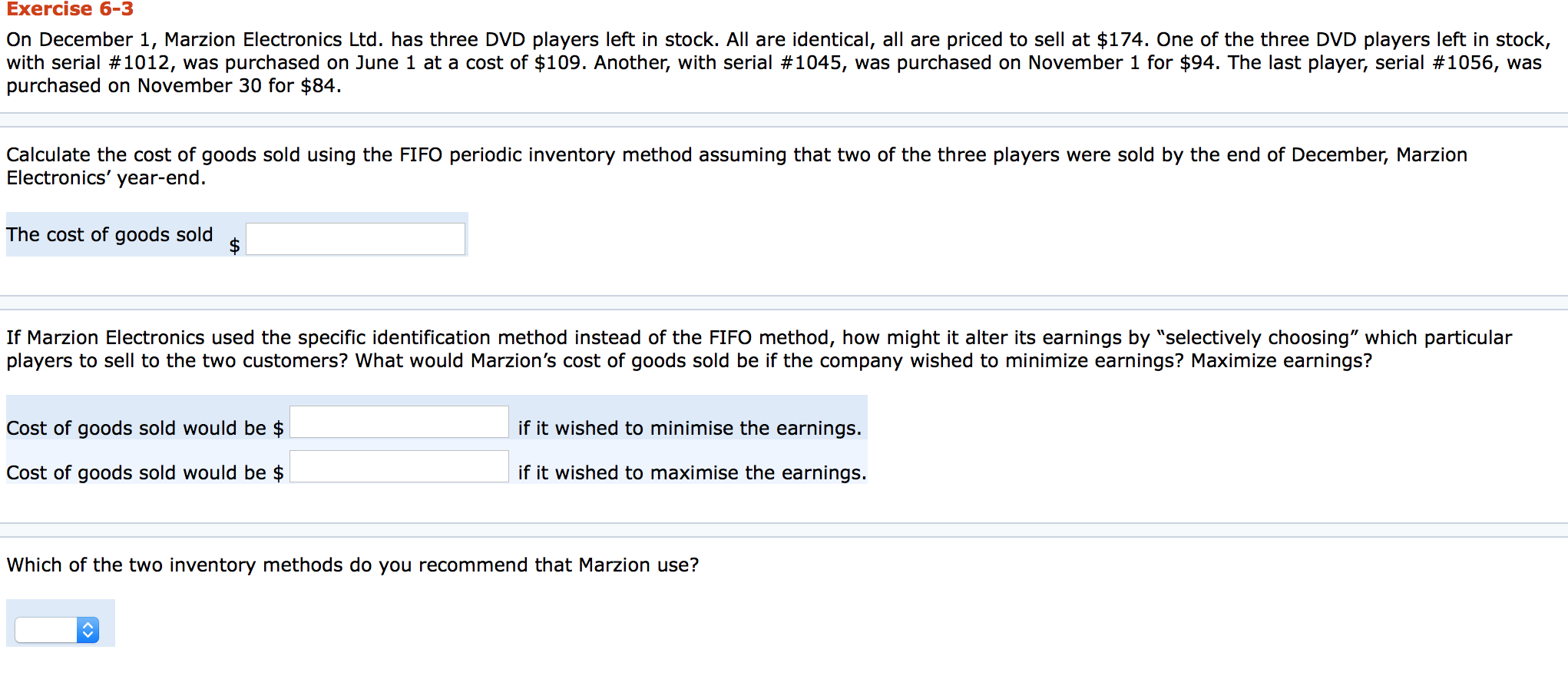 Exercise 6-3 On December 1, Marzion Electronics Ltd. has three DVD