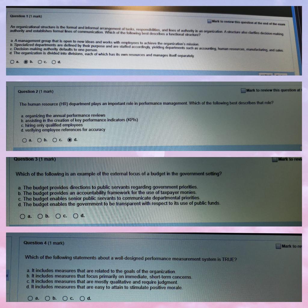  Question 1 (1 mark) Mark to review this question at the