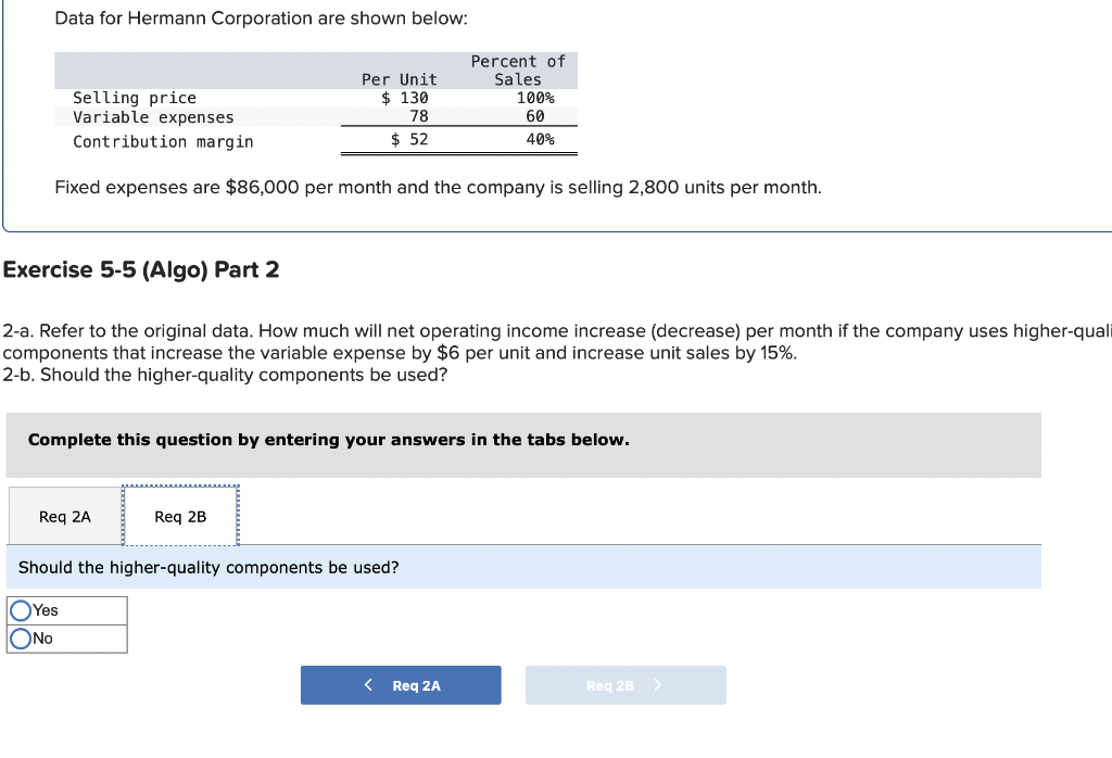 is selling 2,800 units per month. Required: PART 2 Data for Hermann