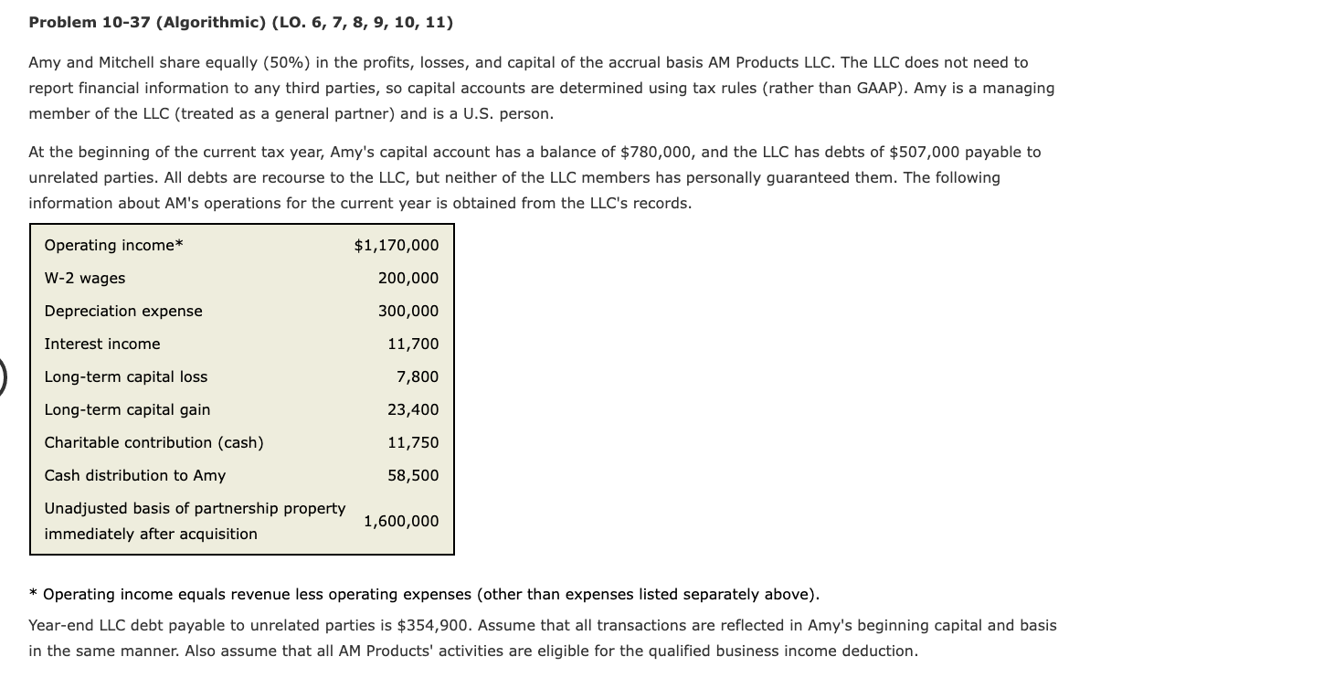  Problem 10-37 (Algorithmic) (LO. 6, 7, 8, 9, 10, 11) Amy