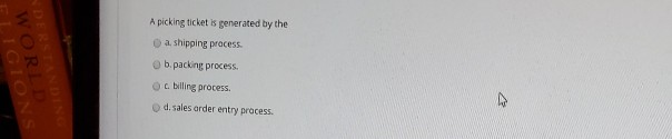  A picking ticket is generated by the WOR a shipping process.