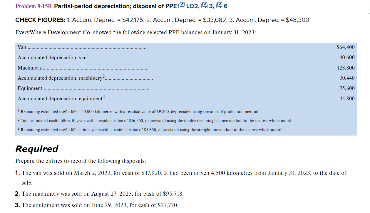  Problem 9-15B Partial-period depreciation; disposal of PPE LO2,3,6 CHECK FIGURES: 1.