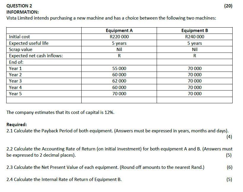  (20) QUESTION 2 INFORMATION: Vista Limited intends purchasing a new machine