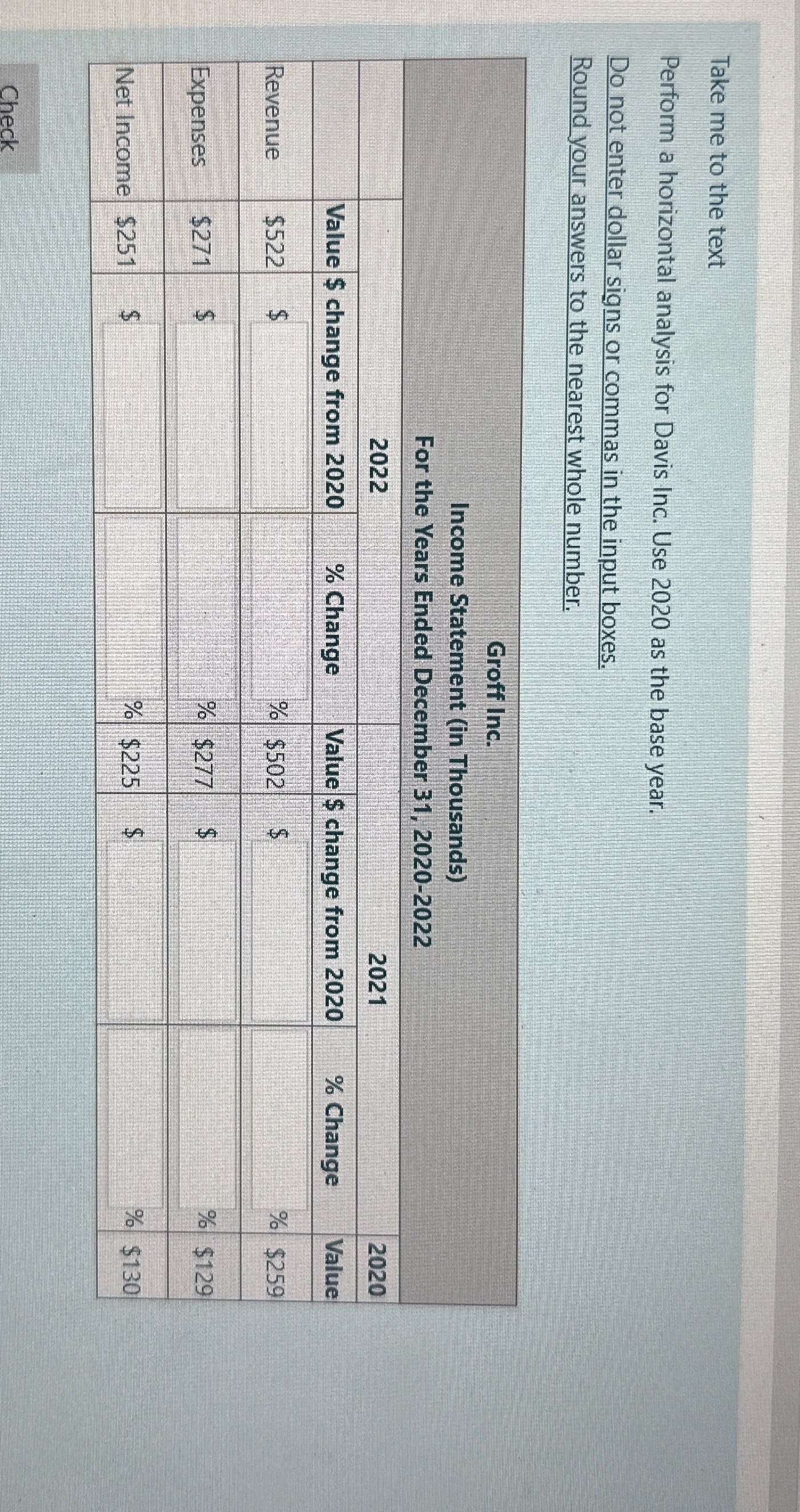 Take me to the text Perform a horizontal analysis for Davis
