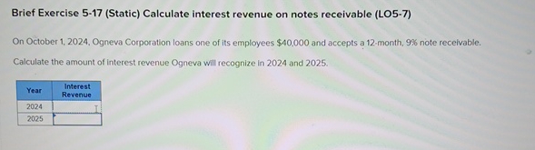  Brief Exercise 5-17(Static) Calculate interest revenue on notes receivable (LO5-7) On