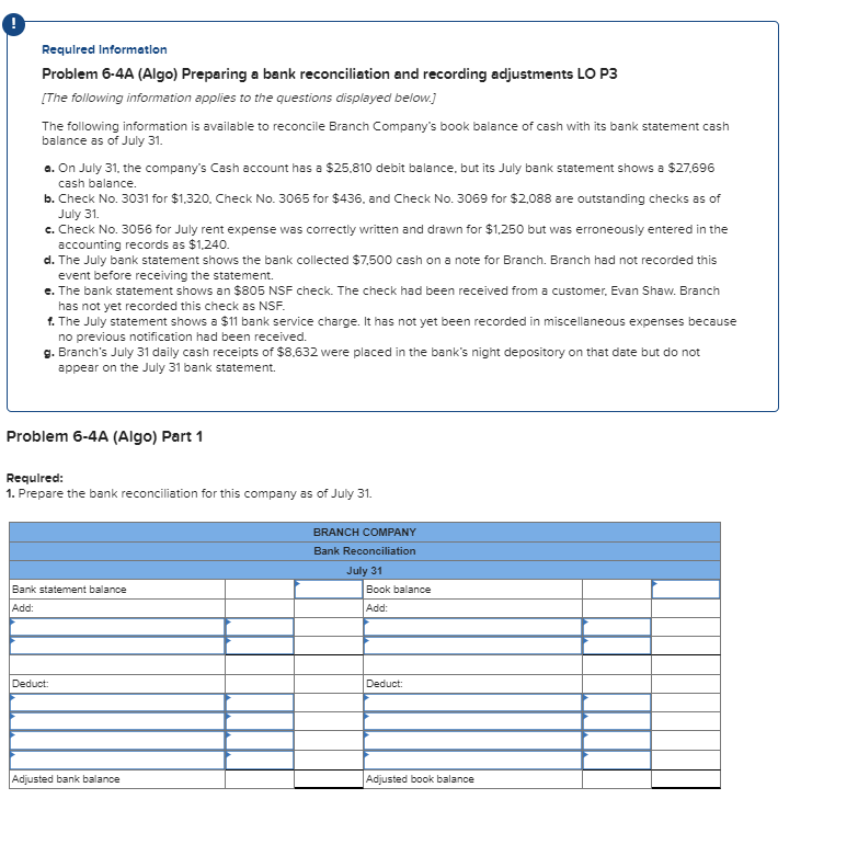 Required Information Problem 6-4A (Algo) Preparing a bank reconciliation and recording