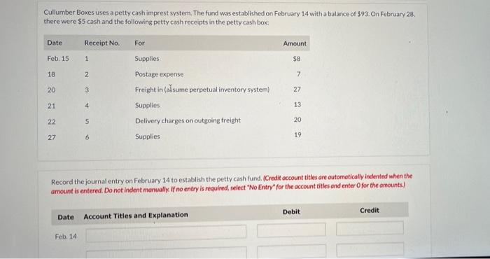  Cullumber Boxes uses a petty cash imprest system. The fund was
