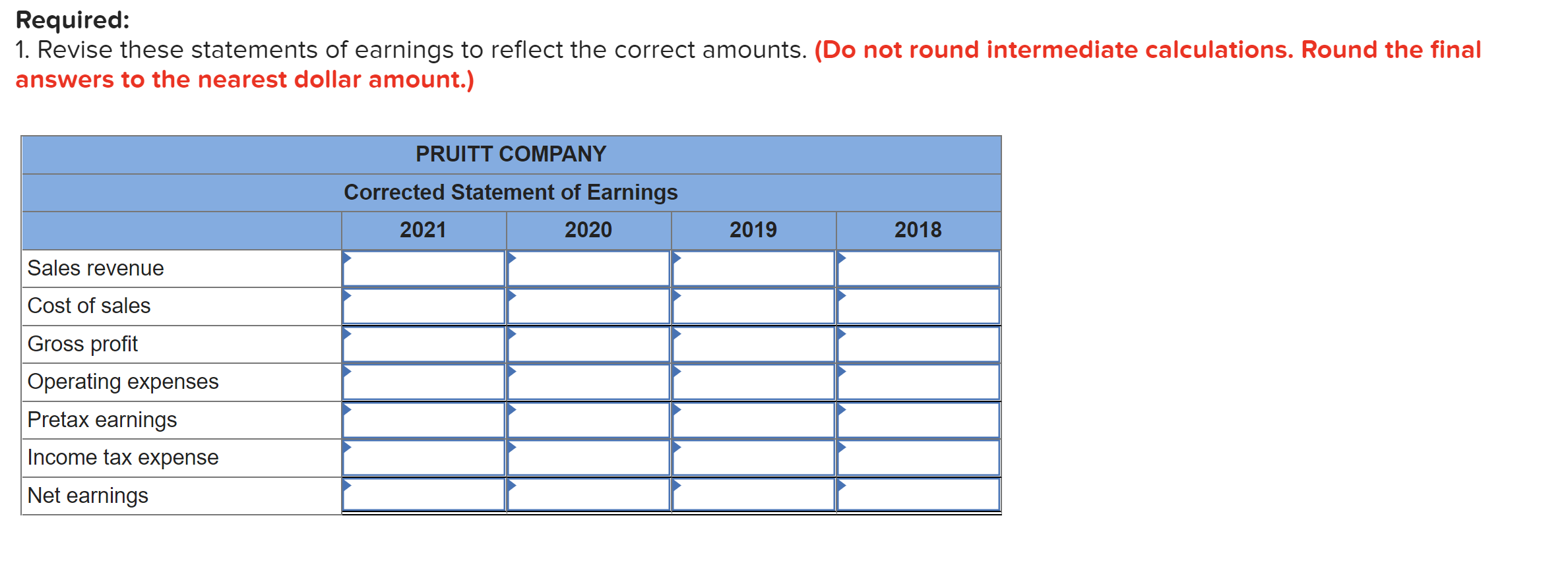 statements of earnings for Pruitt Company summarized for a four-year period show