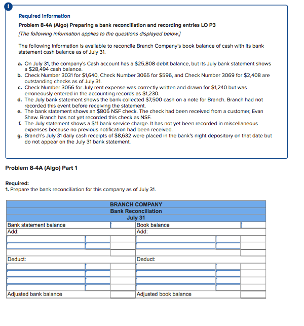  Required information Problem 8-4A (Algo) Preparing a bank reconciliation and recording