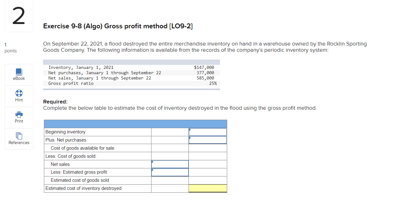  2 Exercise 9-8 (Algo) Gross profit method [LO9-2] 1 points On