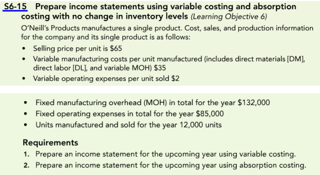  56-15 Prepare income statements using variable costing and absorption costing with