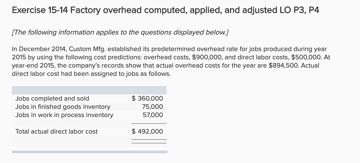 Exercise 15-14 Factory overhead computed, applied, and adjusted LO P3, P4