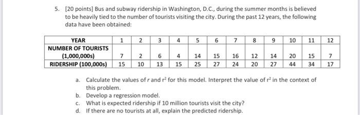 Please show handwritten calculations for each. 5. [20 points) Bus and subway