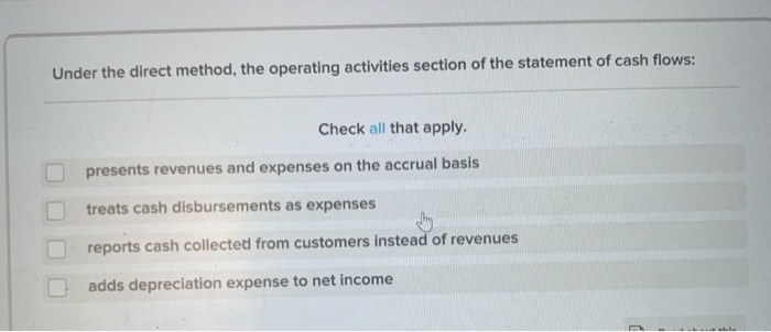  Under the direct method, the operating activities section of the statement