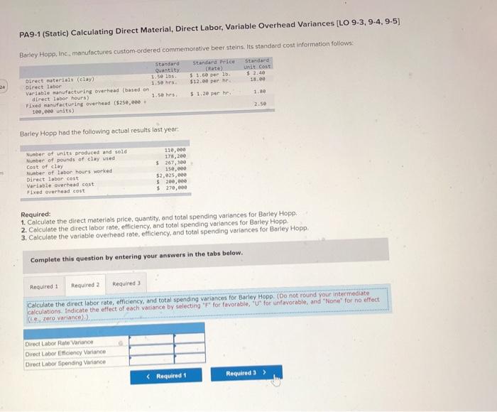  PA9-1 (Static) Calculating Direct Material, Direct Labor, Variable Overhead Variances [LO
