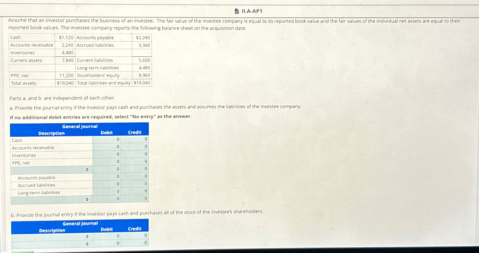  II.A-AP1 reported book values. The investee company reports the following balance