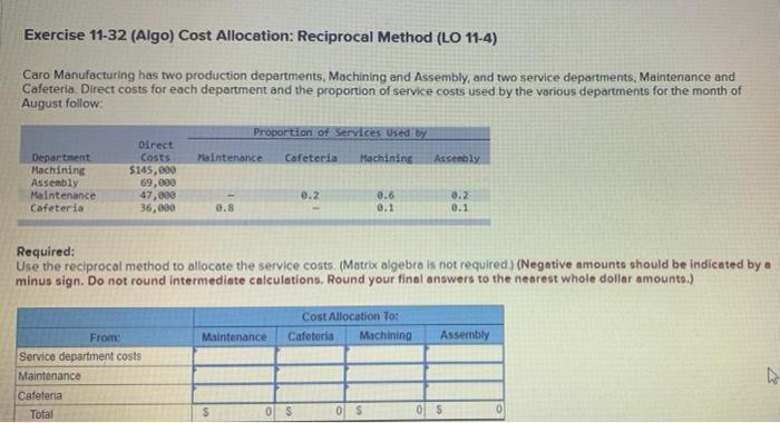  Exercise 11-32 (Algo) Cost Allocation: Reciprocal Method (LO 11-4) Caro Manufacturing