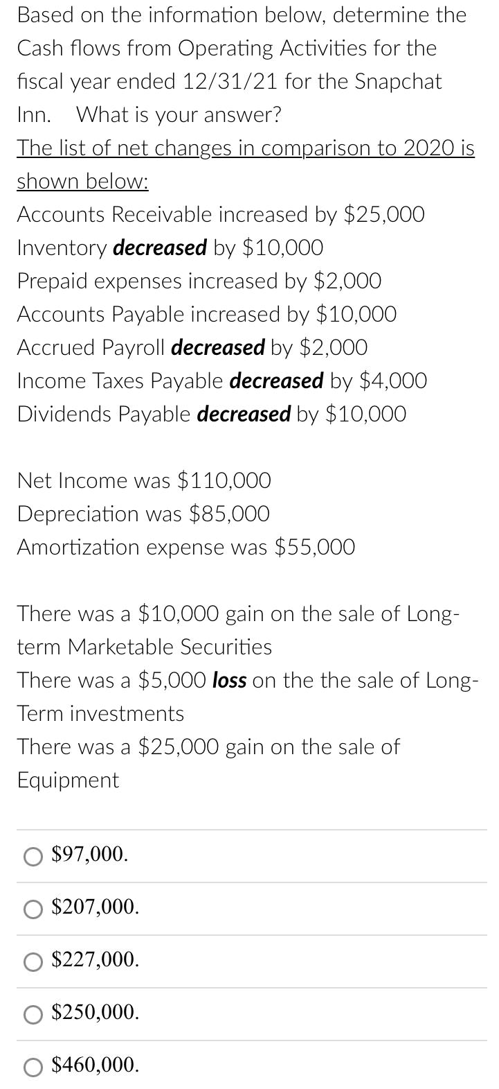  Based on the information below, determine the Cash flows from Operating