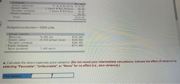  Standard Direct materiale Direct Tabor Yarisble overhead Fixed overhead Total Per
