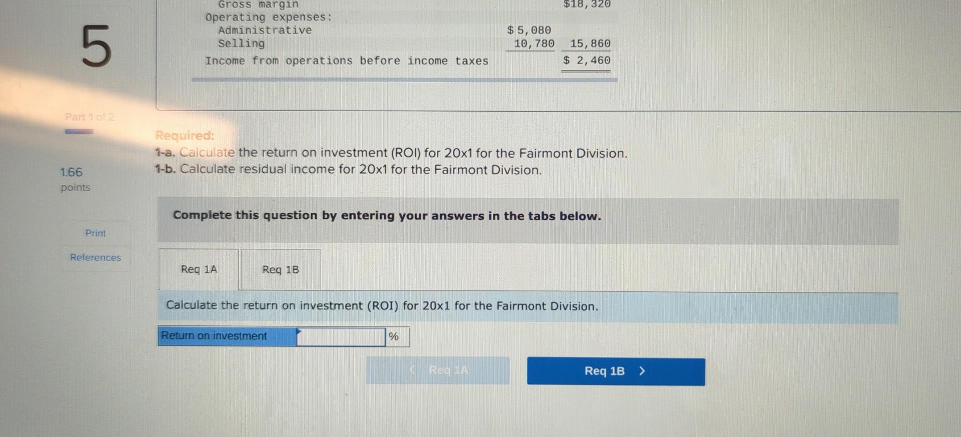 work for getting the residual income for 20x1 for the Fairmont division