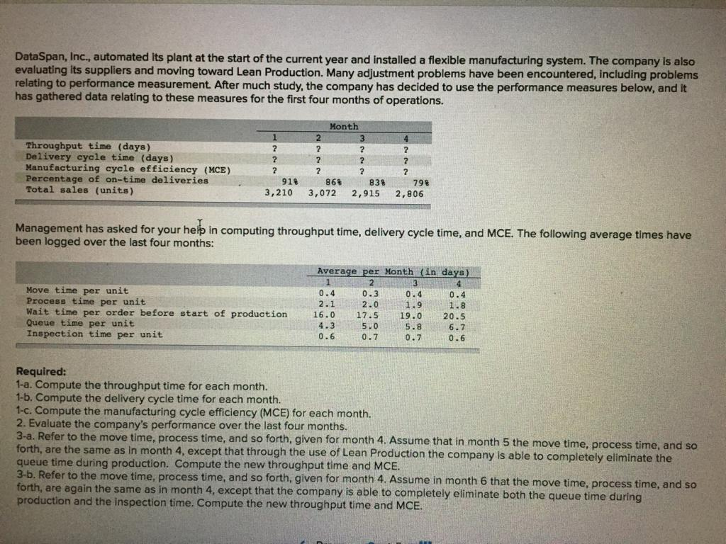  1-a. Compute the throughput time for each month. 1-b. Compute the