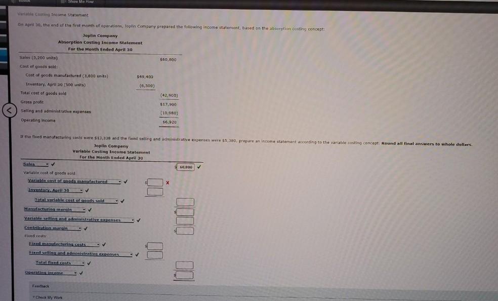  Show Me How Variable Chating Income statement On April 30. the