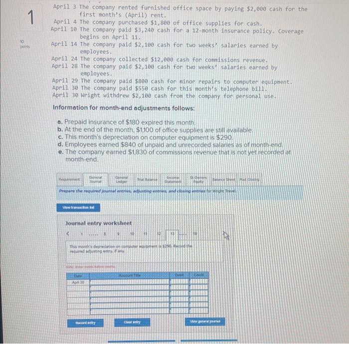 for month-end adjustments follows: a. Prepaid insurance of $180 expired this month.