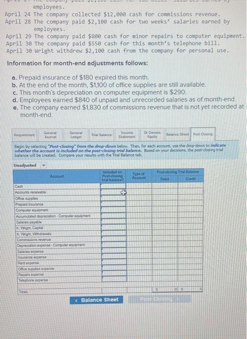 by employees. April 24 The company collected $12,600 cash for commissions revenue.