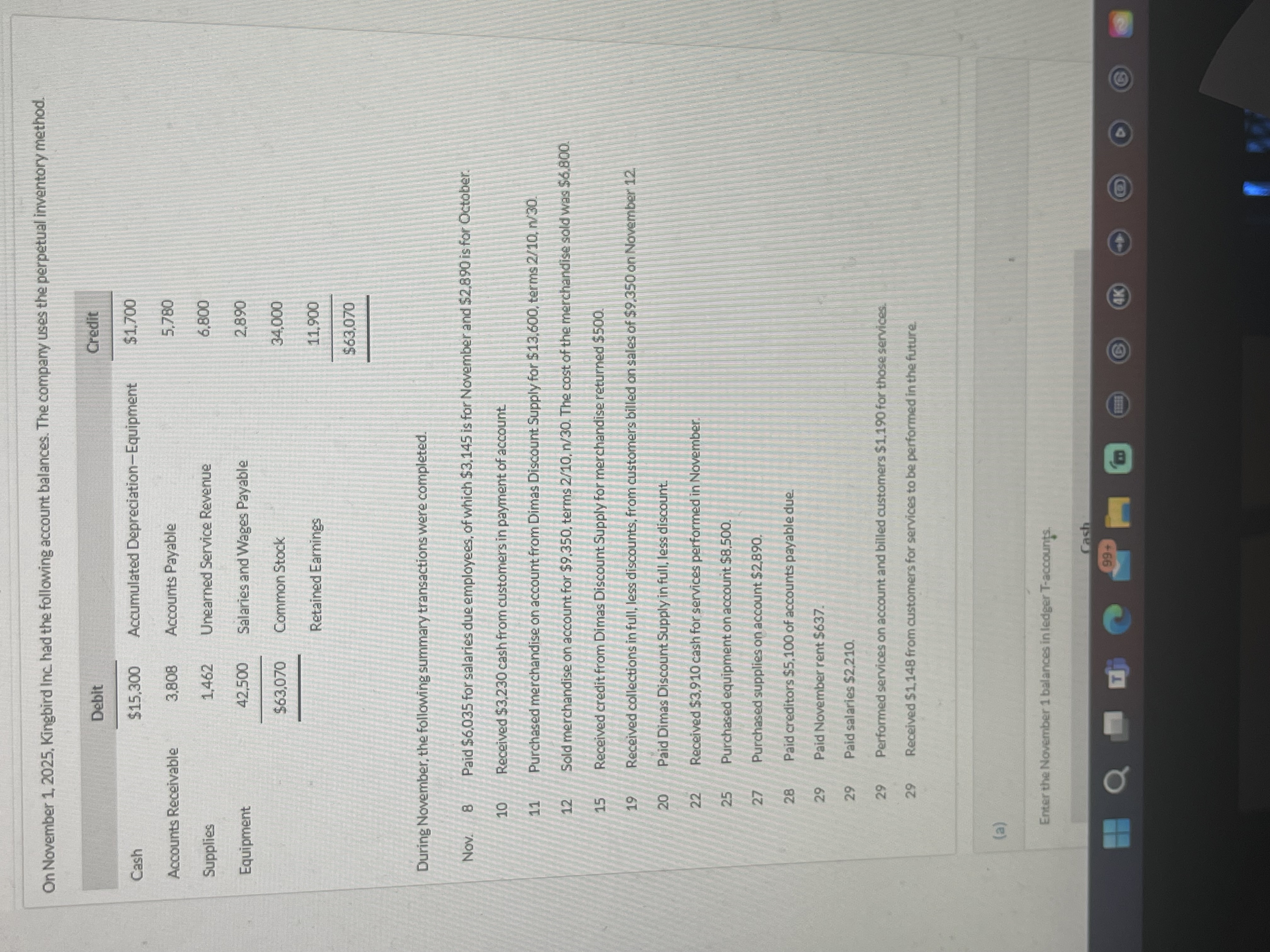  On November 1,2025, Kingbird Inc had the following account balances. The