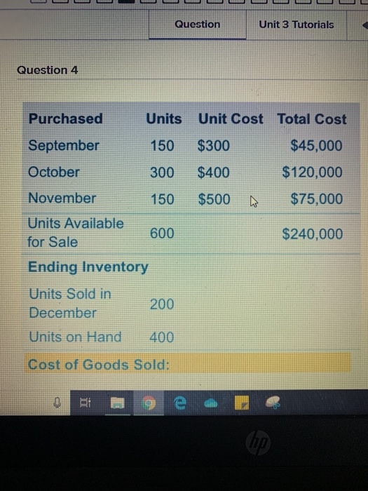  Question Unit 3 Tutorials Question 4 Purchased September Units Unit Cost