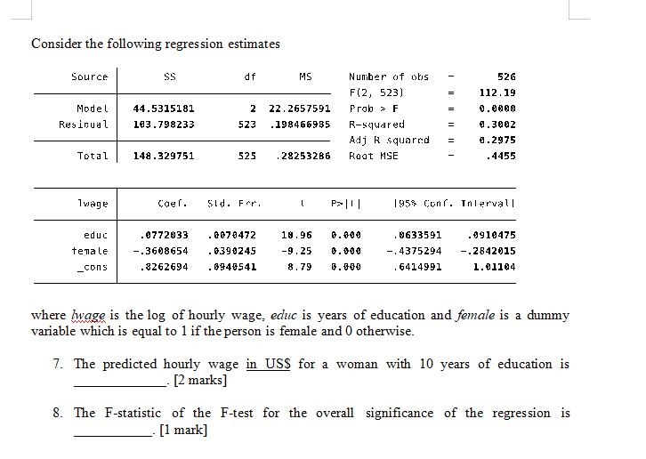  Consider the following regression estimates Source SS df MS - 2