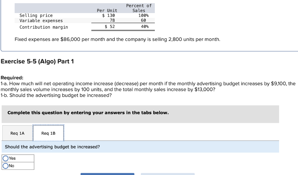 Sales Selling price $ 130 100% Variable expenses 78 60 Contribution margin