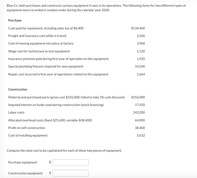  Blue Co. both purchases and constructs various equipment it uses in