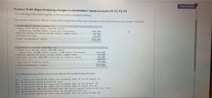  Check Problem 11-4A (Algo) Analyzing changes in stockholders' equity accounts LO