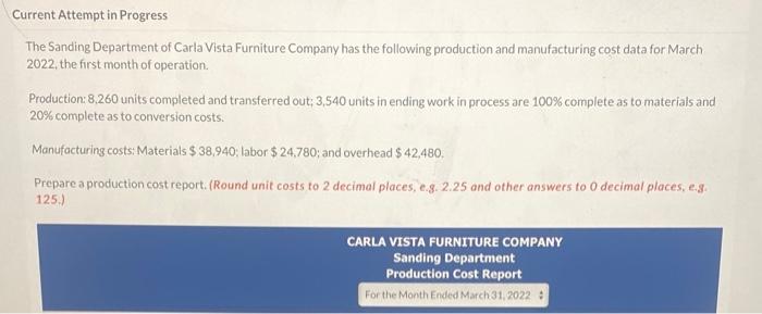 prepare a production cost report Current Attempt in Progress The Sanding Department