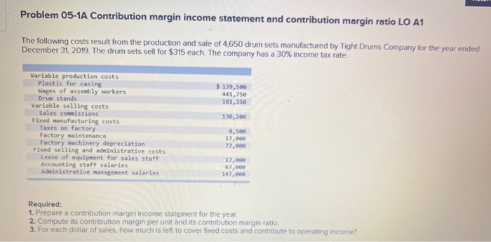  incorrect Problem 05-1A Contribution margin income statement and contribution margin ratio