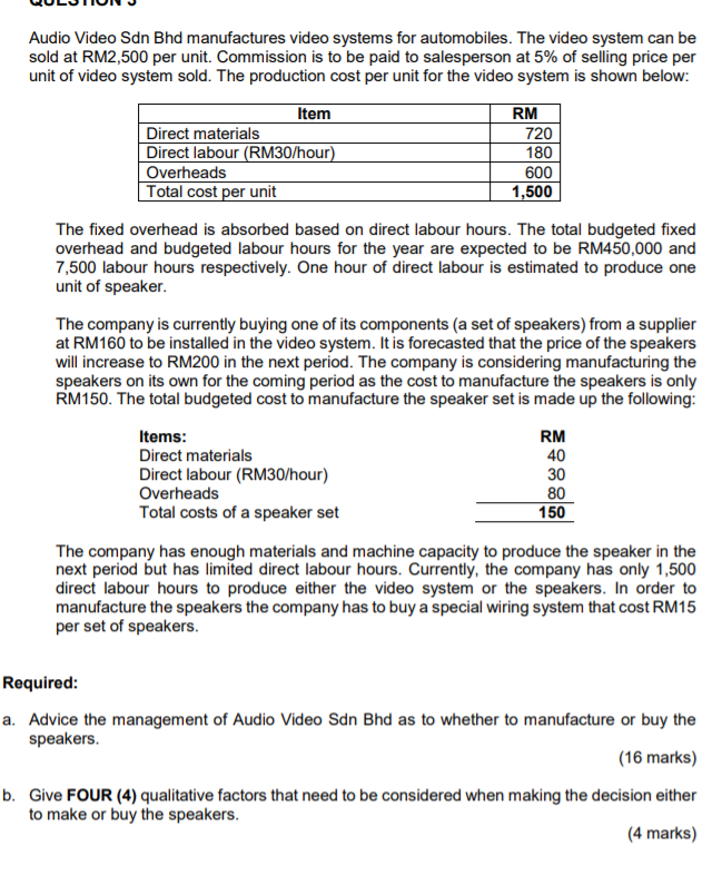 Video Sdn Bhd manufactures video systems for automobiles. The video system can