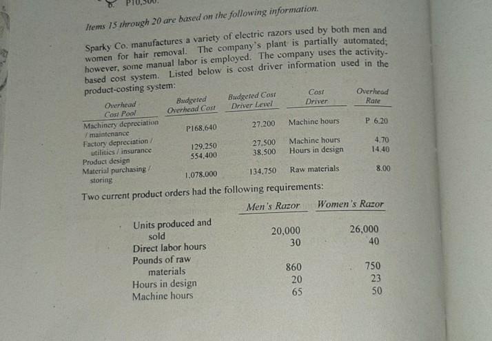  Overhead Rate P 6.20 4.70 Items 15 through 20 are based