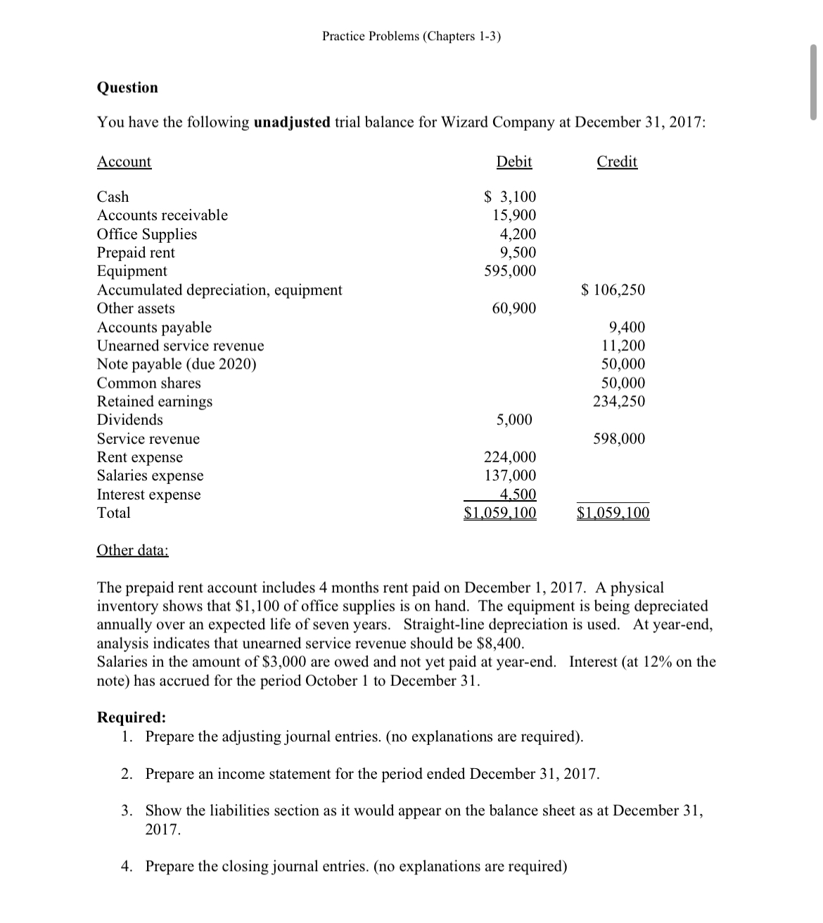  Practice Problems (Chapters 1-3) Question You have the following unadjusted trial