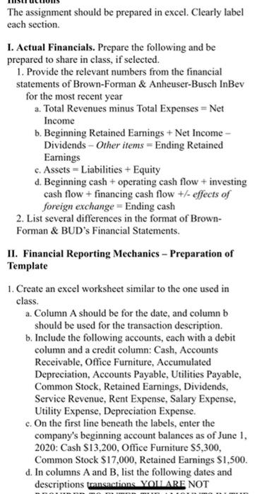  Instructions The assignment should be prepared in excel. Clearly label each