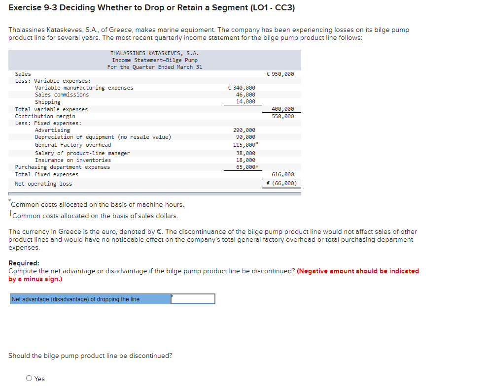 Exercise 9-3 Deciding Whether to Drop or Retain a Segment (LO1 -