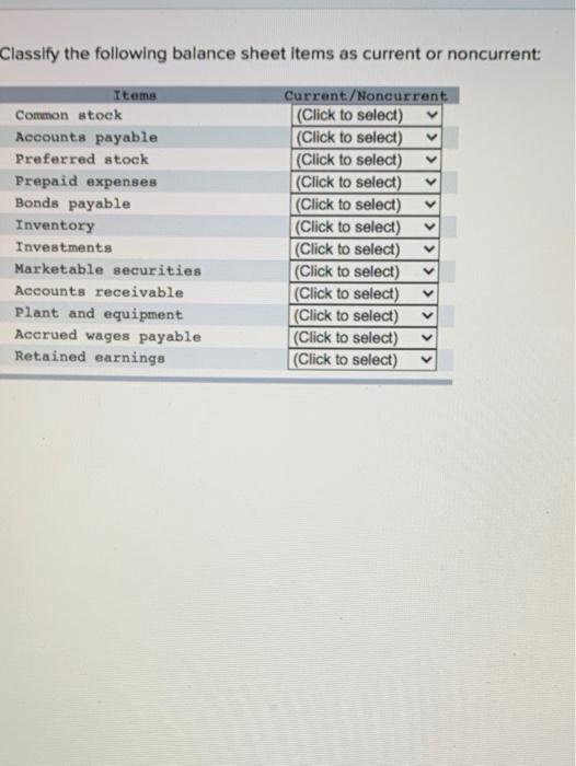  Classify the following balance sheet items as current or noncurrent: v