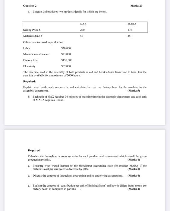 kindly solve it as soon as possible Linesan Ltd produces two products